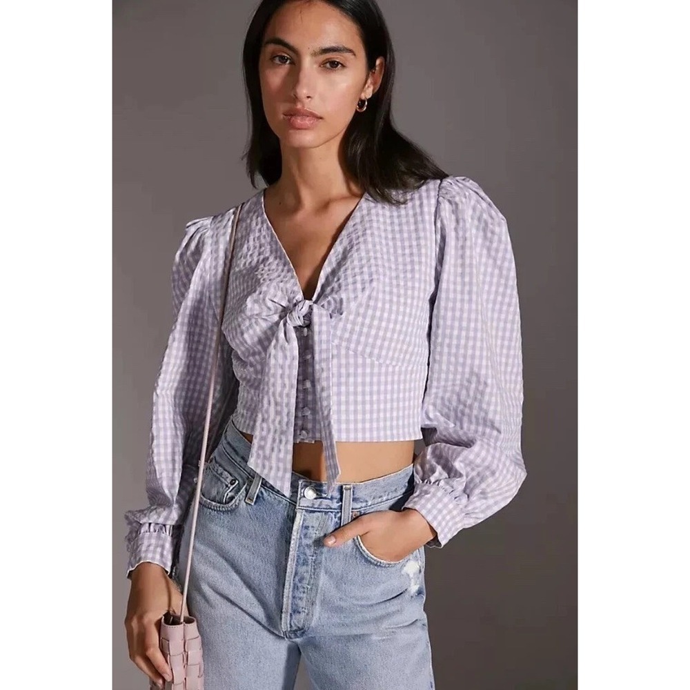 Maeve Anthropologie Gingham Lavender Cropped‎ Tie Waist Blouse Top Shirt Size 4